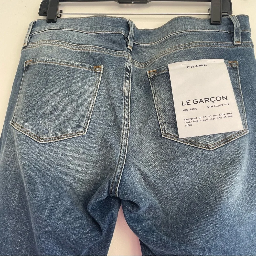 New! Frame Le Garçon Azure Blue Mid Rise Distressed Straight Jeans 22624 - Picture 6 of 14